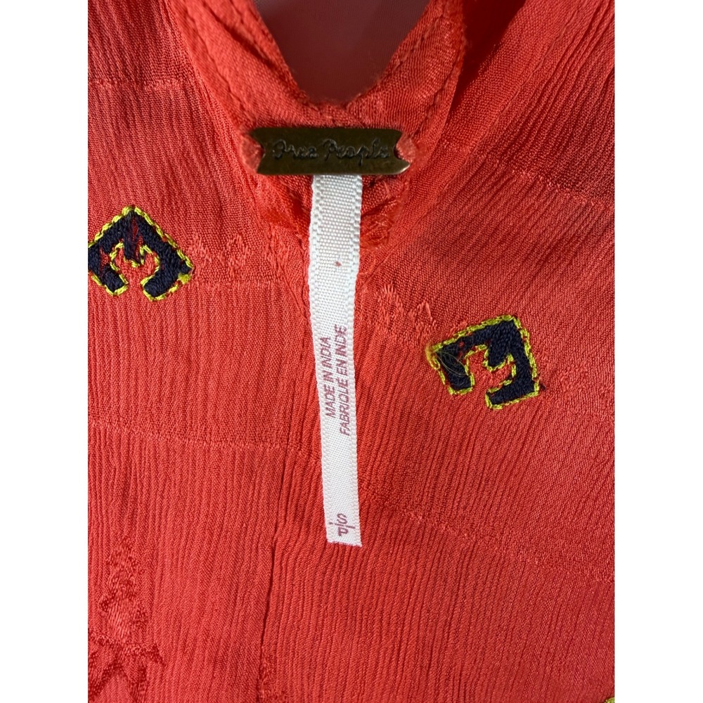 Free People Coral Red Embroidered Boho VNeck Balloon Sleeve Blouse Top Small NWT - Picture 5 of 9